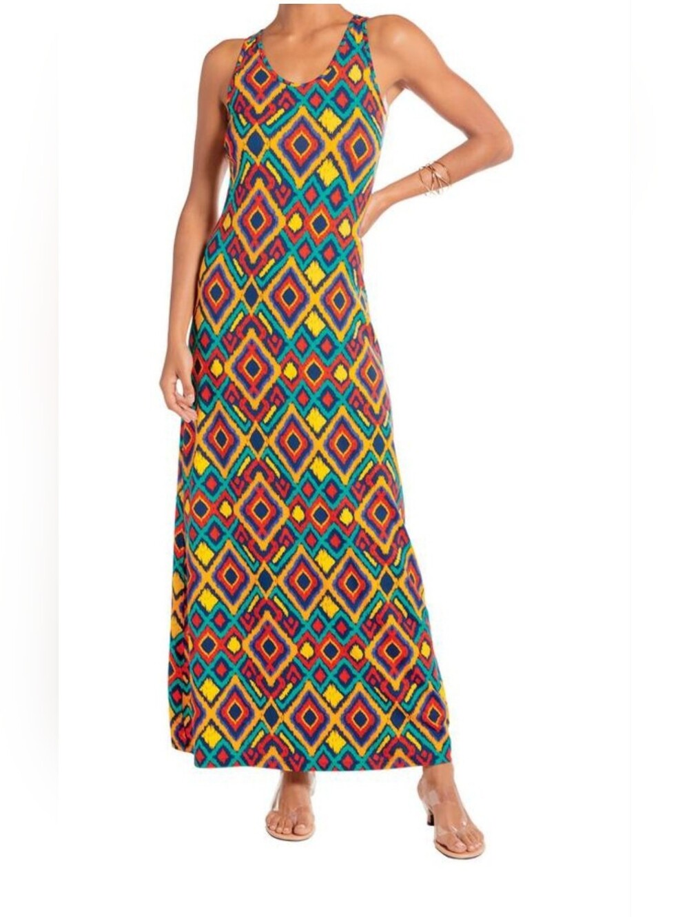 Masseys XL Colorful‎ Ikat Print Tank Maxi Dress | Stretch Casual Summer